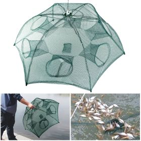 Fishing Trap Net Portable Folded Fishing Bait Trap Shrimp Minnow Crab Bait Net 6 Sides 6 Holes Crayfish Cast Mesh Trap Automatic (Color: Green)